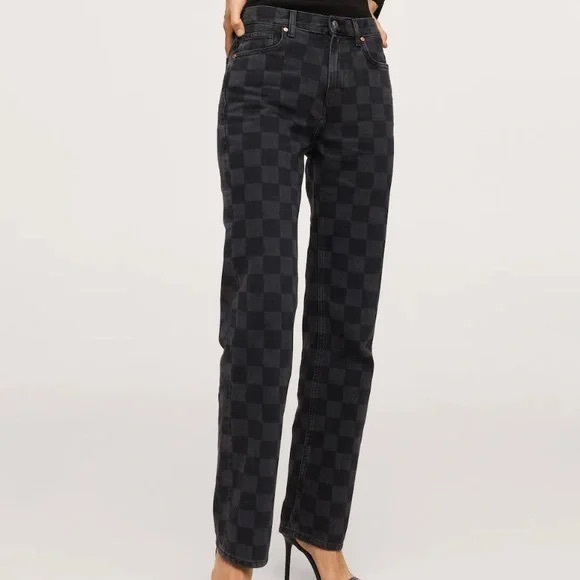 Mango jeans in charcoal black and dark grey checkered print. BNWT - Picture 2 of 11